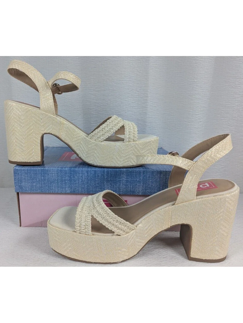 pop Applaud - Natural Woven Sandals - Chunky Platform Heel - Size 10M